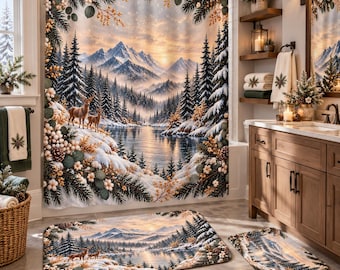 Winter Shower Curtain, Woodland Bathroom Decor, Snowy Mountain Bath Mat Set, Deer Forest Bath Set, Cottagecore Winter Decor