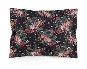 Dark Floral Pillow Sham | Bird | Raven | Gothic | Witchy Bedding | Dark Academia | Cottagecore Bedroom Decor | Vintage Botanical Pillow Sham