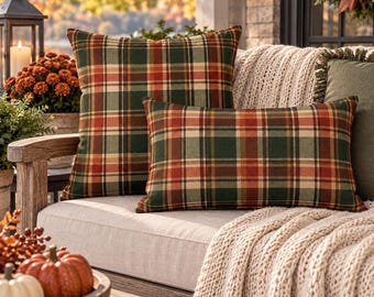 Fall Plaid Outdoor Pillow, Rustic Farmhouse Patio Decor, Green & Rust Tartan Throw Pillow, Autumn Porch Cushion, Indoor Outdoor Decor
