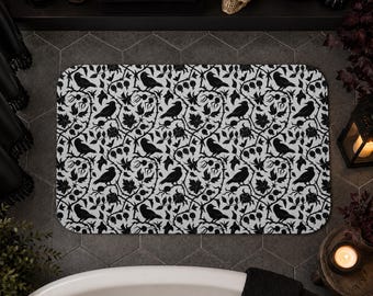 Gothic Bath Mat | Memory Foam Bath Mat | Raven | Crow | Halloween Bath Mat | Gothic Bathroom Decor | Black Damask | Halloween Bathroom Decor