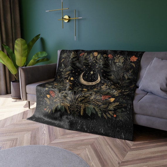 Moody Black Botanical Velvet Blanket Wildflowers Boho Cottagecore Blanket Herbs & Plants Vintage Floral Print Whimsical Home Decor Gift