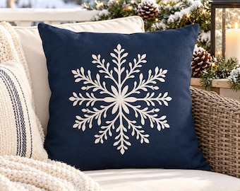 Navy Blue Snowflake Outdoor Pillow, Winter Patio Decor, Christmas Throw Pillow, Rustic Holiday Porch Cushion, Winter Pillow Cover