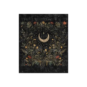 Moody Black Botanical Velvet Blanket Wildflowers Boho Cottagecore Blanket Herbs & Plants Vintage Floral Print Whimsical Home Decor Gift image 4