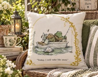 Cojín de exterior con diseño de rana y sapo, cojín estilo cottagecore, cojín de exterior con temática literaria, decoración original para el patio, regalo clásico para amantes de los libros, cojín impermeable.
