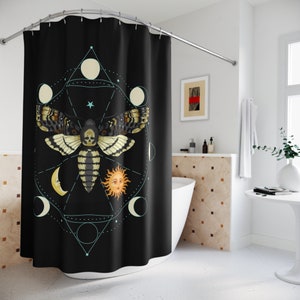 Witchy Shower Curtain | Deaths Head Moth | Moon Phase Decor | Celestial Shower Curtain | Witch Bath Decor | Gothic Bath Decor | Sun and Moon
