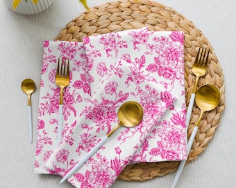 Fuschia Toile Cloth Napkins Set of 4, Vintage Floral Linens for Weddings, Showers, Birthdays, Soft Dinner Napkins for Special Occasions