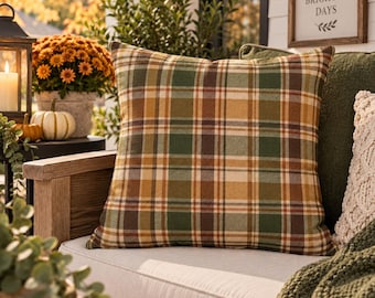 Fall Plaid Outdoor Pillow, Olive Green Brown Tartan Pillow, Rustic Farmhouse Porch Decor, Autumn Patio Pillow, Thanksgiving Decor
