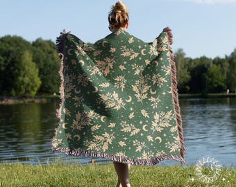 Vintage Celestial Woven Blanket Green Moon Botanical Print Bohemian Throw Blanket Boho Decor Woven Tapestry Picnic Blanket Home Decor Gift