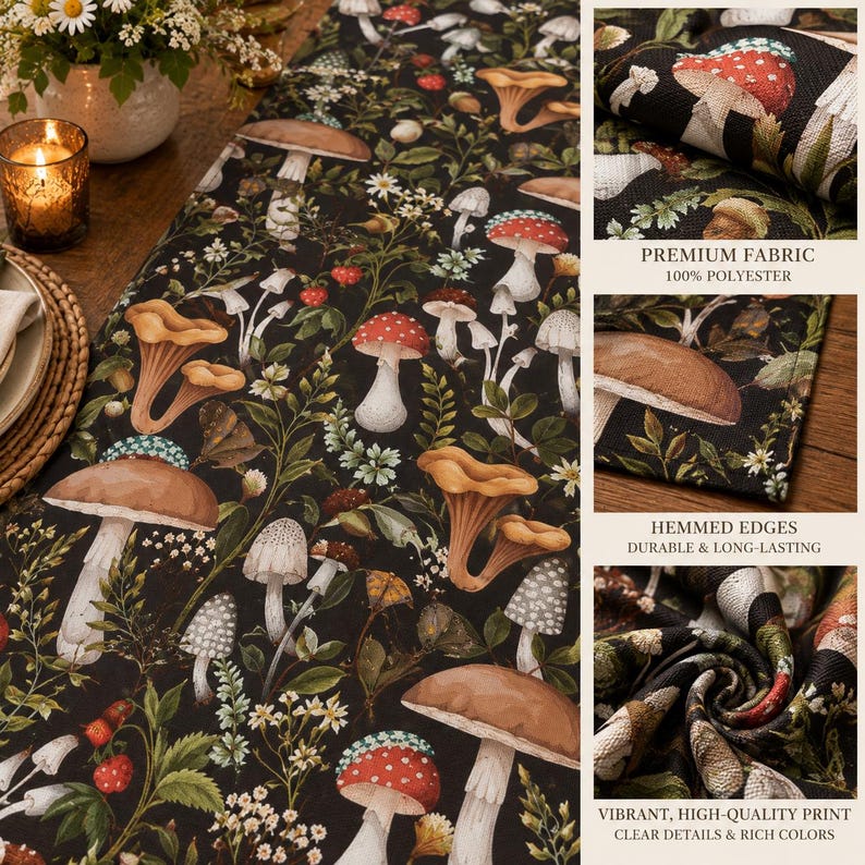May include: A black table runner featuring a botanical print of various mushrooms, small white flowers, and green foliage. The fabric is 100% polyester with hemming on the edges. The design includes red, brown, and white mushrooms on a dark background.