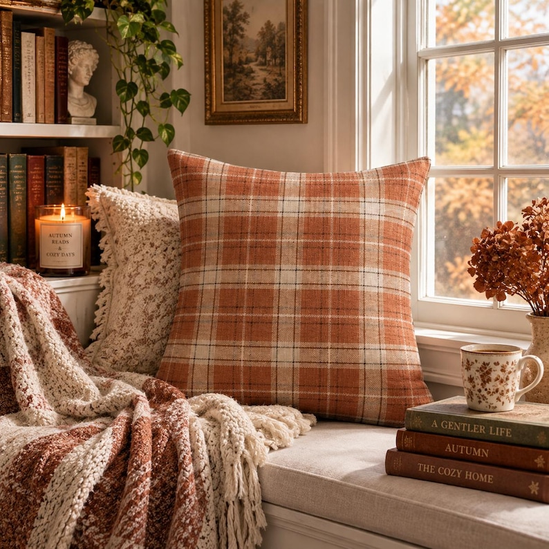 May include: A square throw pillow featuring a plaid pattern in shades of burnt orange, cream, and thin black lines. The fabric has a visible woven texture. The pillow is positioned near a window, accompanied by a cream-colored textured throw.