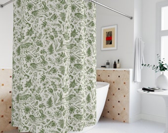 Vintage Rabbit Shower Curtain Green Toile Cottagecore Shower Curtain Botanical Shower Curtain Forest Floral Spring Bath Decor