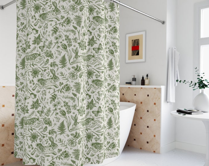 Featured listing image: Vintage Rabbit Shower Curtain Green Toile Cottagecore Shower Curtain Botanical Shower Curtain Forest Floral Spring Bath Decor