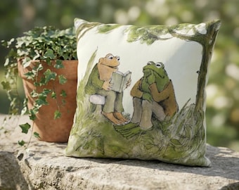 Frog and Toad Outdoor Pillow | Cottagecore Pillow | Bookish Outdoor Pillow | Whimsical Patio Decor | Classic Book Gift | Waterproof Pillow