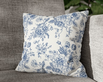 Floral Pillow Cover | Faux Suede | Cottagecore Pillow Cover | Blue Toile | Chinoiserie | Farmhouse | French Country | Victorian Pillow Cover