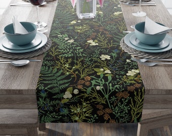 Winter Forest Table Runner | Cottagecore Botanical Woodland Rustic Boho Farmhouse Decor | Cotton Twill or Polyester | Holiday Party Gift