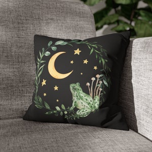 Frog & Moon Throw Pillow Cover | Cottagecore Pillow Cover | Celestial Pillow Cover | Mushroom Pillow Cover | Witchy | Botanical Pillow Cover