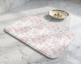 Blush Pink Toile Bath Mat, Vintage Floral Bath Decor, Shabby Chic Pink Chinoiserie Rug, Toile de Jouy Victorian Style, Memory Foam Non-Slip