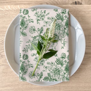 Green Floral Cloth Napkins | Set of 4 | Toile Linens | Chinoiserie Decor | Victorian Table Decor | Rustic Farmhouse Linens | Summer Napkins