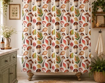 Woodland Mushroom Shower Curtain, Cottagecore Bathroom Decor, Botanical Forest Bath Curtain, Rustic Autumn Bathroom, Nature Inspired Decor