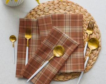 Rustic Plaid Cloth Napkins Set of 4 | Fall Dinner Napkins | Thanksgiving Table Decor | Orange Tartan | Farmhouse Holiday Table Linens