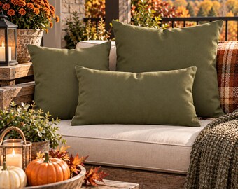 Olive Green Outdoor Pillow | Patio Throw Pillow | Farmhouse Porch Decor | Outdoor Cushion | Cottagecore Pillow | Green Patio Decor