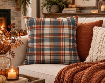 Fall Plaid Throw Pillow Cover | Rustic Farmhouse Pillow | Autumn Couch Pillow | Tartan Pillow Cover | Burnt Orange Blue Fall Decor