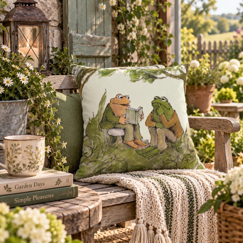 Frog and Toad Outdoor Pillow | Cottagecore Pillow | Bookish Outdoor Pillow | Whimsical Patio Decor | Classic Book Gift | Waterproof Pillow image 2