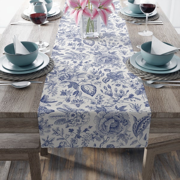 Blue Toile Table Runner | Toile Linens | Victorian Table Runner | Wedding Linens | Elegant Table Runner | Floral Table Runner | French Toile