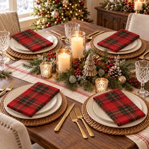 Christmas Plaid Napkins, Set of 4 Cloth Dinner Napkins, Red Green Tartan, Holiday Table Decor, Rustic Farmhouse Table Setting