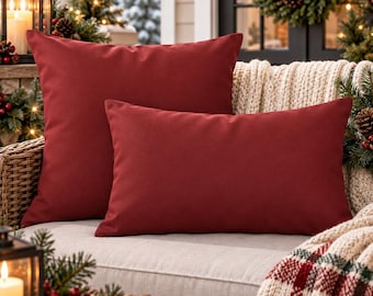 Cranberry Red Outdoor Pillow | Christmas Patio Throw Pillow | Rustic Farmhouse Porch Decor | Boho Outdoor Cushion | Winter Holiday Pillow