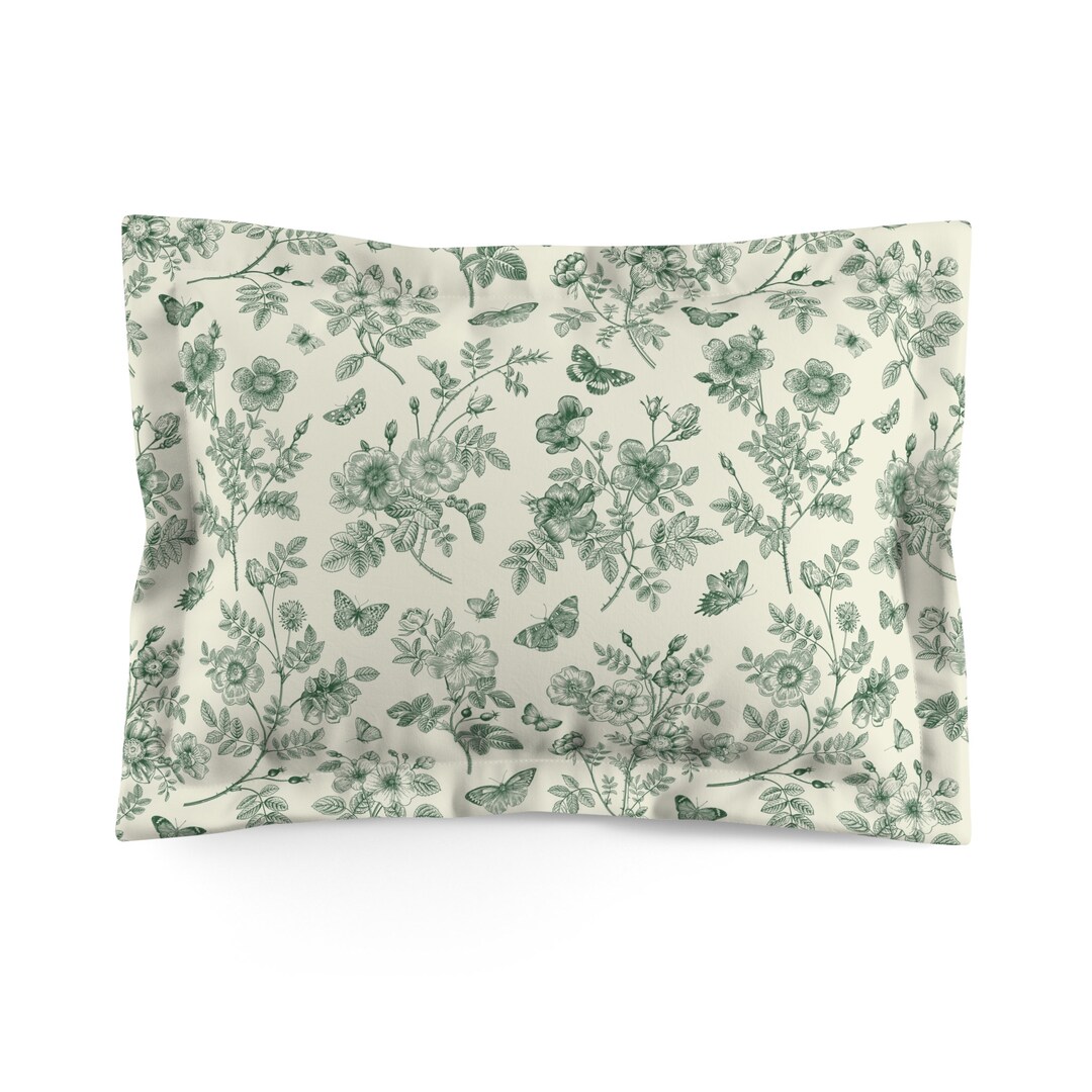 Green Floral Pillow Cover Cottagecore Bedding Green Toile Pillow Sham Butterfly Farmhouse