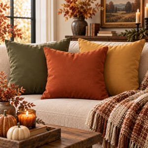 May include: Three square throw pillows in solid colors of olive green, burnt orange, and mustard yellow arranged on a light beige sofa. The pillows have a smooth, matte fabric texture and are positioned side-by-side to create a layered look.