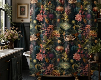 Moody Floral Shower Curtain, Dark Botanical Bathroom Decor, Vintage Wildflower Cottagecore, Whimsigoth Boho Victorian Bath