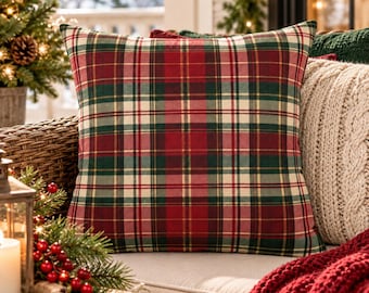 Christmas Plaid Outdoor Pillow, Red Green Tartan Patio Pillow, Rustic Farmhouse Porch Decor, Holiday Throw Pillow, Lumbar Cushion
