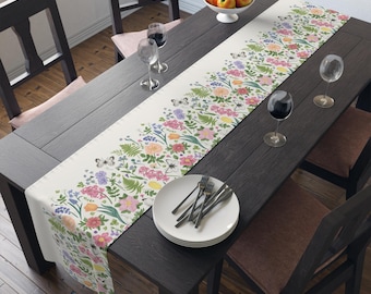 Botanical Table Runner | Floral Table Runner | Spring Table Runner | Decorative Runner | Colorful Botanical Print | Poly Cotton Linens