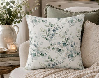 Botanical Eucalyptus Pillow Cover | Watercolor Greenery Throw Pillow | Boho Cottagecore Decor | Faux Suede Nature Accent Pillow