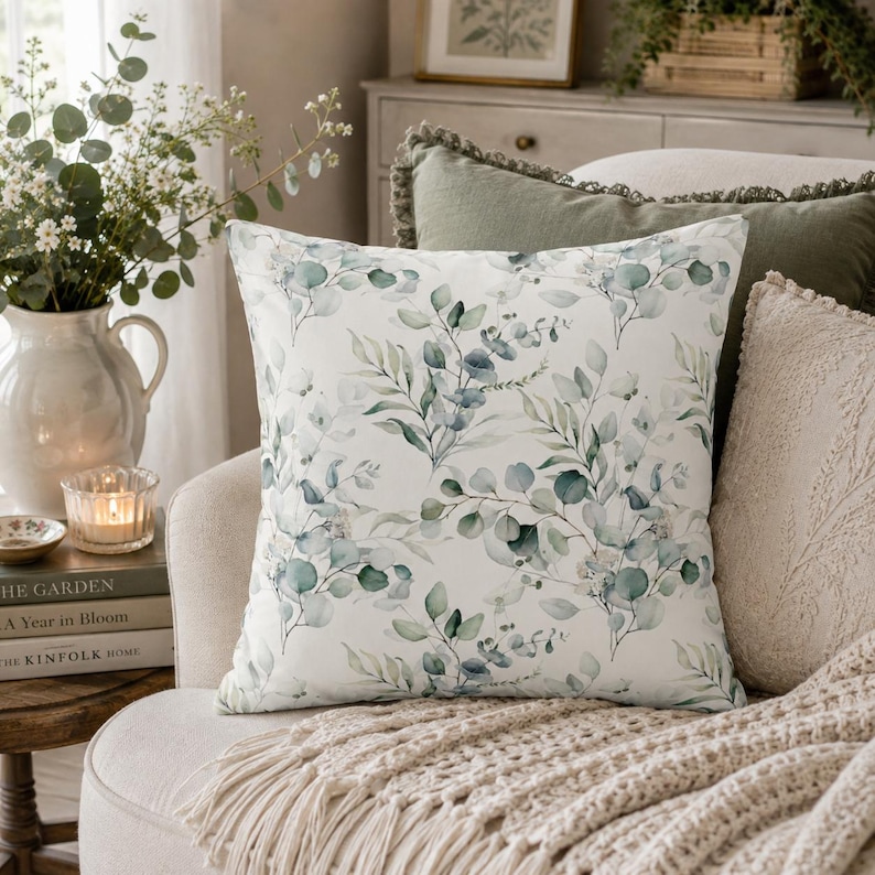 May include: A square throw pillow featuring a white background with a repeating watercolor pattern of green and blue-toned eucalyptus leaves and branches. The design displays various foliage shapes and stems arranged in a botanical print.