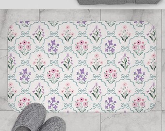 Vintage Floral Bath Mat | Coquette Ribbons Bows | Shabby Chic Bathroom Decor | Cottagecore Bath Mat | Whimsy Housewarming Gift