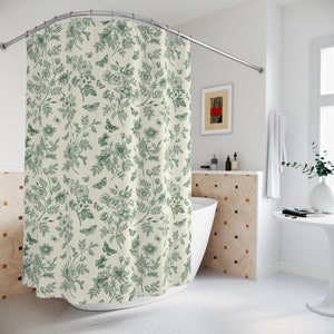 Floral Shower Curtain | Green Toile Decor | Chinoiserie | Cottagecore Bathroom | Victorian Bathroom Decor | Farmhouse Bath Decor | Whimsical