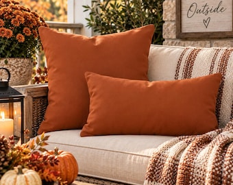 Rust Orange Outdoor Pillow | Burnt Orange Patio Pillow | Fall Porch Decor | Farmhouse Throw Pillow | Terracotta Outdoor Cushion