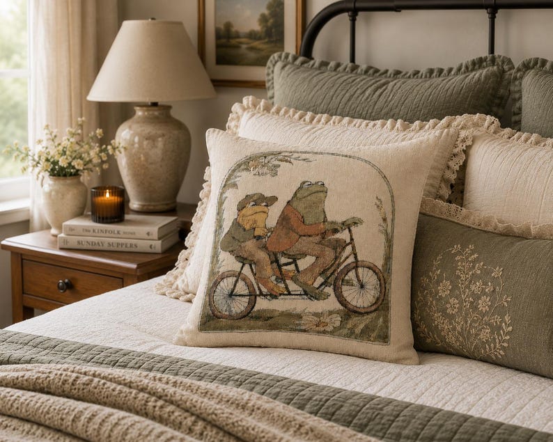 May include: A square throw pillow featuring a woven illustration of two anthropomorphic frogs riding a tandem bicycle. The scene is framed by a decorative archway on a light beige fabric background. The pillow has a textured, cream-colored fringe.