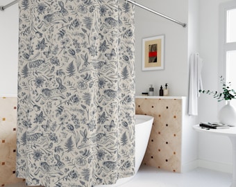 Vintage Rabbit Shower Curtain Blue Toile Farmhouse Cottagecore Shower Curtain Botanical Shower Curtain Forest Floral Spring Bath Decor