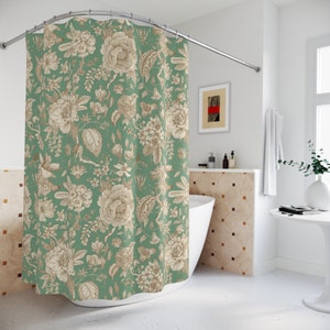 Botanical Shower Curtain | Green Floral Shower Curtain | Victorian Bath Decor | Cottagecore | Toile | Decorative | Vintage Bathroom Decor