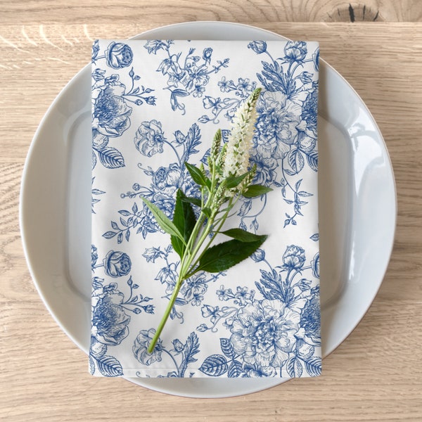 Blue Floral Cloth Napkins | Set of 4 | Toile Linens | Chinoiserie Decor | Victorian Table Decor | Rustic Farmhouse Linens | Summer Napkins