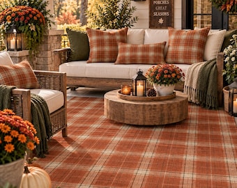 Fall Plaid Outdoor Rug | Rustic Farmhouse Patio Rug | Autumn Porch Decor | Indoor Outdoor Area Rug | Plaid Outdoor Pillows & Cushions