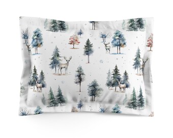 Winter Pillow Sham | Reindeer | Snow | Winter Bedding | Christmas Bedding | Winter Forest | Christmas Tree | Farmhouse Rustic Bedroom Decor