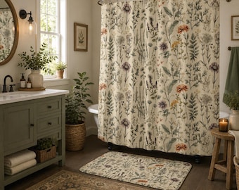 Cortina de ducha y alfombrilla de baño con diseño de flores silvestres / Decoración botánica de estilo cottagecore para el baño / Accesorios de baño florales vintage