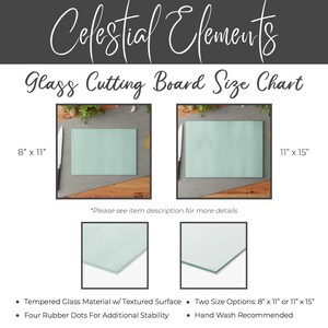 May include: Two glass cutting boards, one 8 inches by 11 inches and the other 11 inches by 15 inches. Both boards have a textured surface and four rubber dots on the bottom for stability. The boards are shown on a wooden surface with a knife and some greenery.