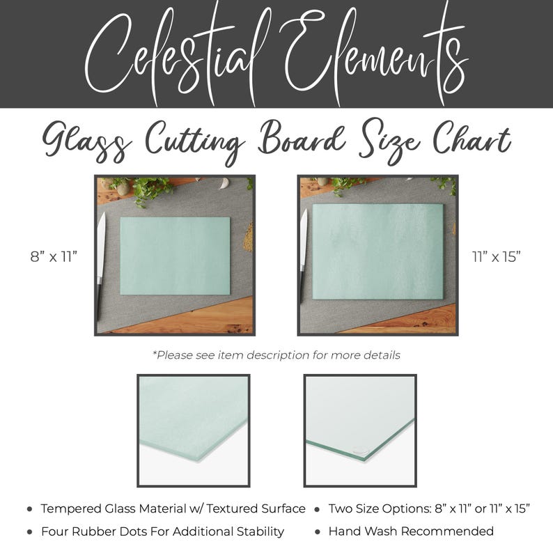 May include: Two glass cutting boards, one 8 inches by 11 inches and the other 11 inches by 15 inches. Both boards have a textured surface and four rubber dots on the bottom for stability. The boards are shown on a wooden surface with a knife and some greenery.