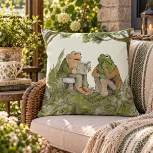 Frog and Toad Outdoor Pillow | Cottagecore Pillow | Bookish Outdoor Pillow | Whimsical Patio Decor | Classic Book Gift | Waterproof Pillow image 1